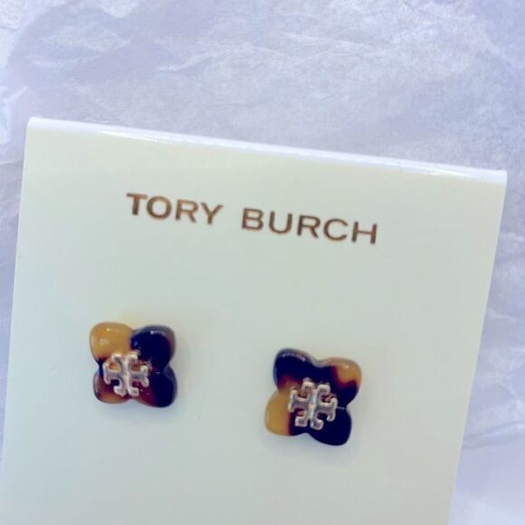 New Tory Burch Tortoise Flower Gold Logo Stud Earrings - Picture 10 of 10